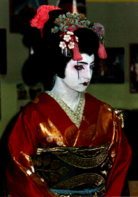 Carol Gustavson, traditional Japanese shibori artist, in traditional kimono prior to a performance with the Fujima School of Classical Japanese Dance (odori).